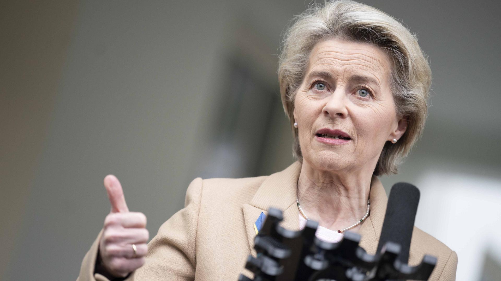 EU-Kommissionspräsidentin Ursula von der Leyen spricht in Pressemikrofone. EU-Kommissionspräsidentin Ursula von der Leyen spricht in Pressemikrofone.