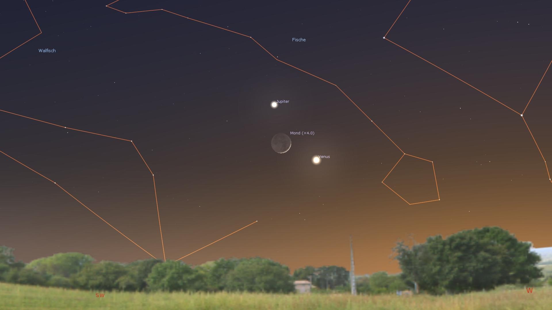 Das himmlische Dreigestirn am Abend des 22. Februar (Aschermittwoch): Jupiter, Mondsichel und Venus.