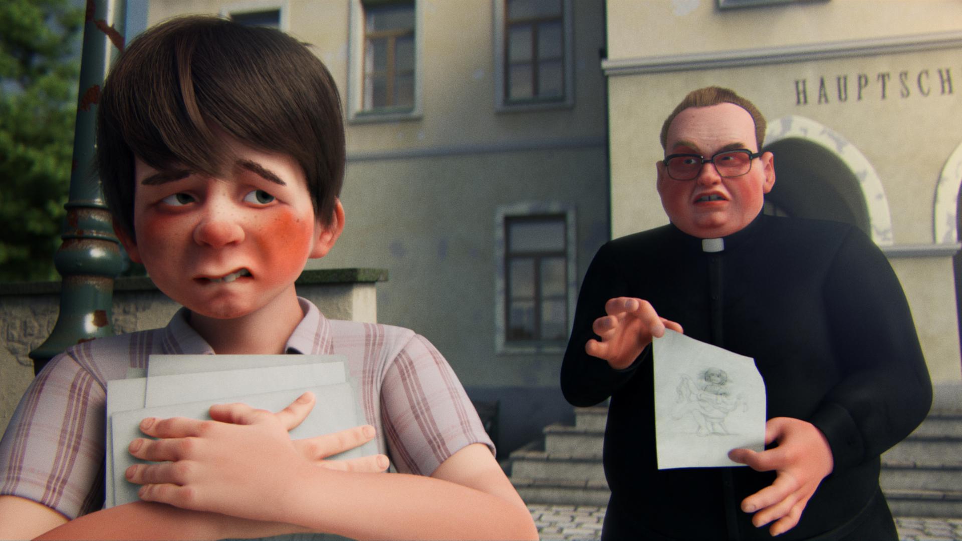 Filmstill aus dem Animationsfilm "Willkommen in Siegheilhausen". Ein Junge presst sich Zeichenblätter gegen die Brust, ein Priester trägt ihm ein verlorenes hinterher.