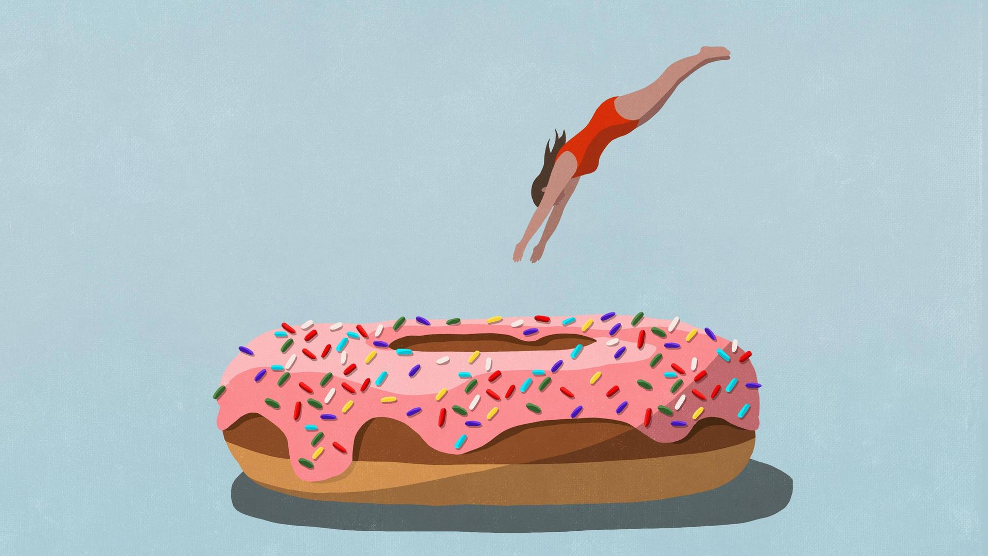 Grafik: Eine Person springt in einen großen Donut. Grafik: Eine Person springt in einen großen Donut.