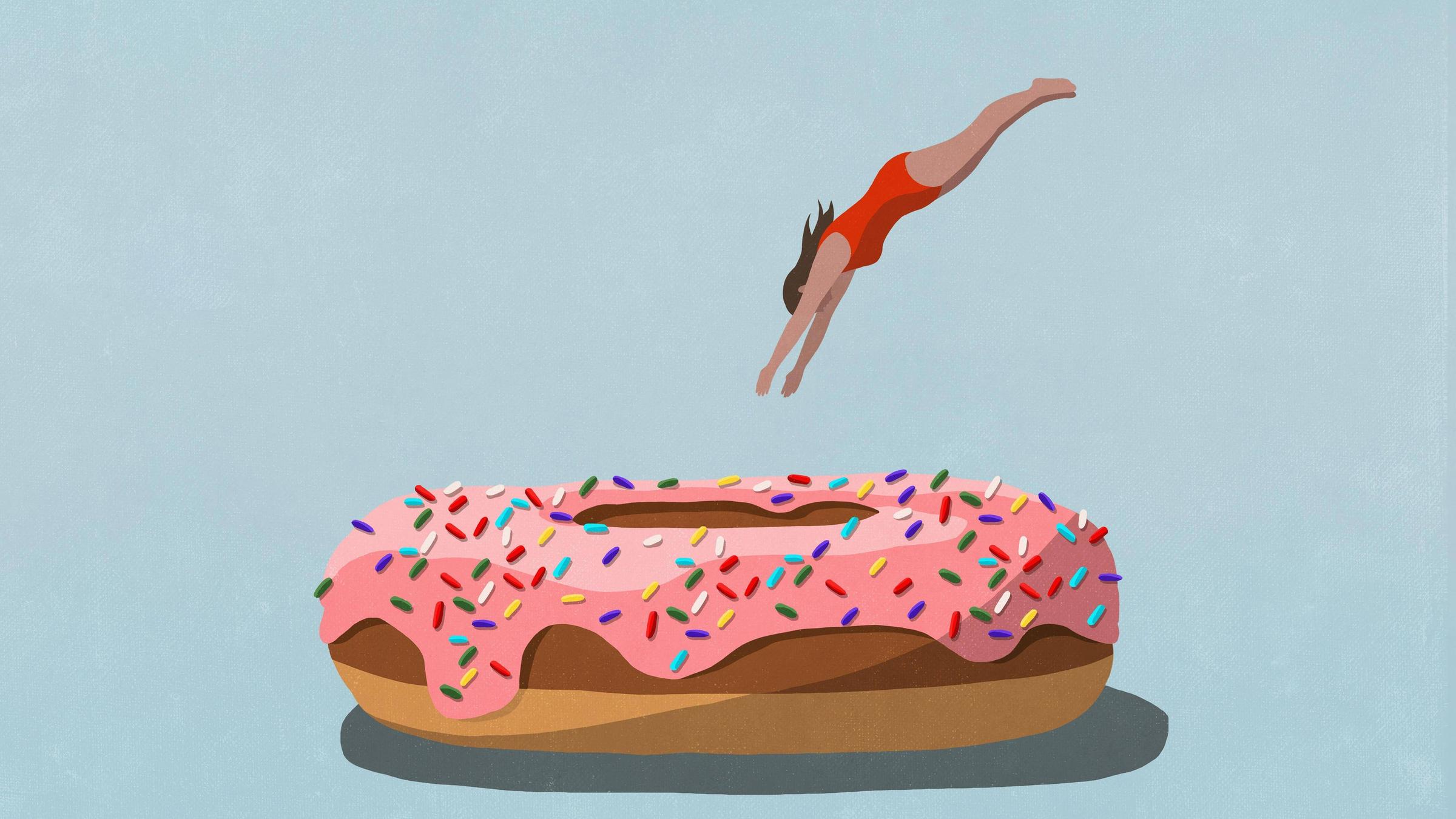 Grafik: Eine Person springt inen großen Donut. 