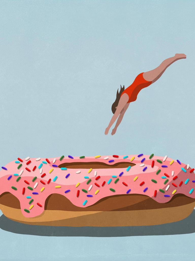 Grafik: Eine Person springt in einen großen Donut. 