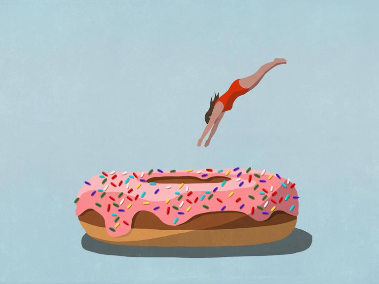 Grafik: Eine Person springt in einen großen Donut. 
