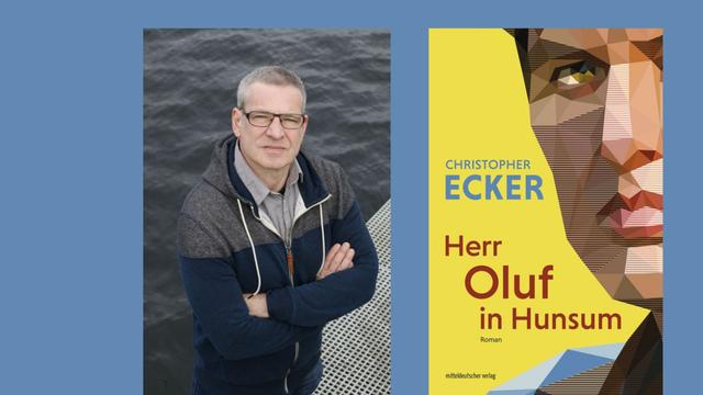 Ein Portrait de sschriftstellers Arne Rautenberg und das Cover seines Romans "Herr Oluf in Husum"