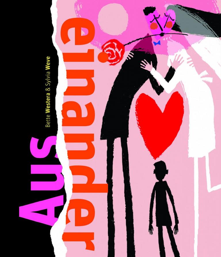 Cover des Buchs „Auseinander“ von Bette Westera und Sylvia Weve. Ein stilisiertes Ehepaar umarmt sich, zwischen ihnen steht ein Kind.