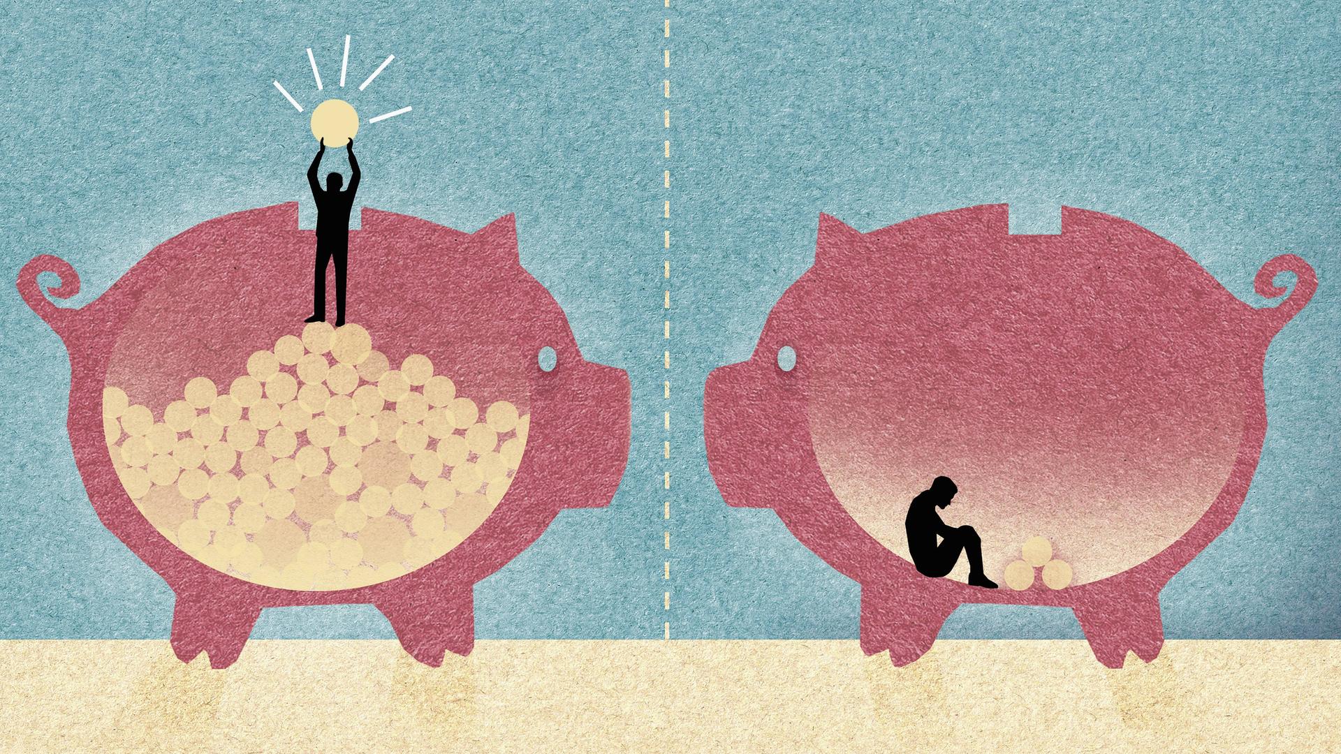 Illustration zweier Sparschweine im Profil. In dem einen sitzt ein Männchen mit sehr viel Geld, in dem anderen ein Männchen mit so gut wie keinem Geld. Illustration zweier Sparschweine im Profil. In dem einen sitzt ein Männchen mit sehr viel Geld, in dem anderen ein Männchen mit so gut wie keinem Geld.