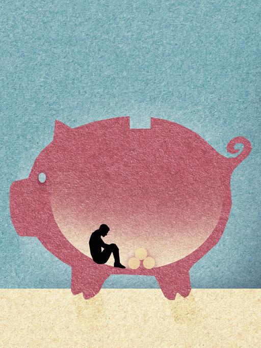 Illustration zweier Sparschweine im Profil. In dem einen sitzt ein Männchen mit sehr viel Geld, in dem anderen ein Männchen mit so gut wie keinem Geld.