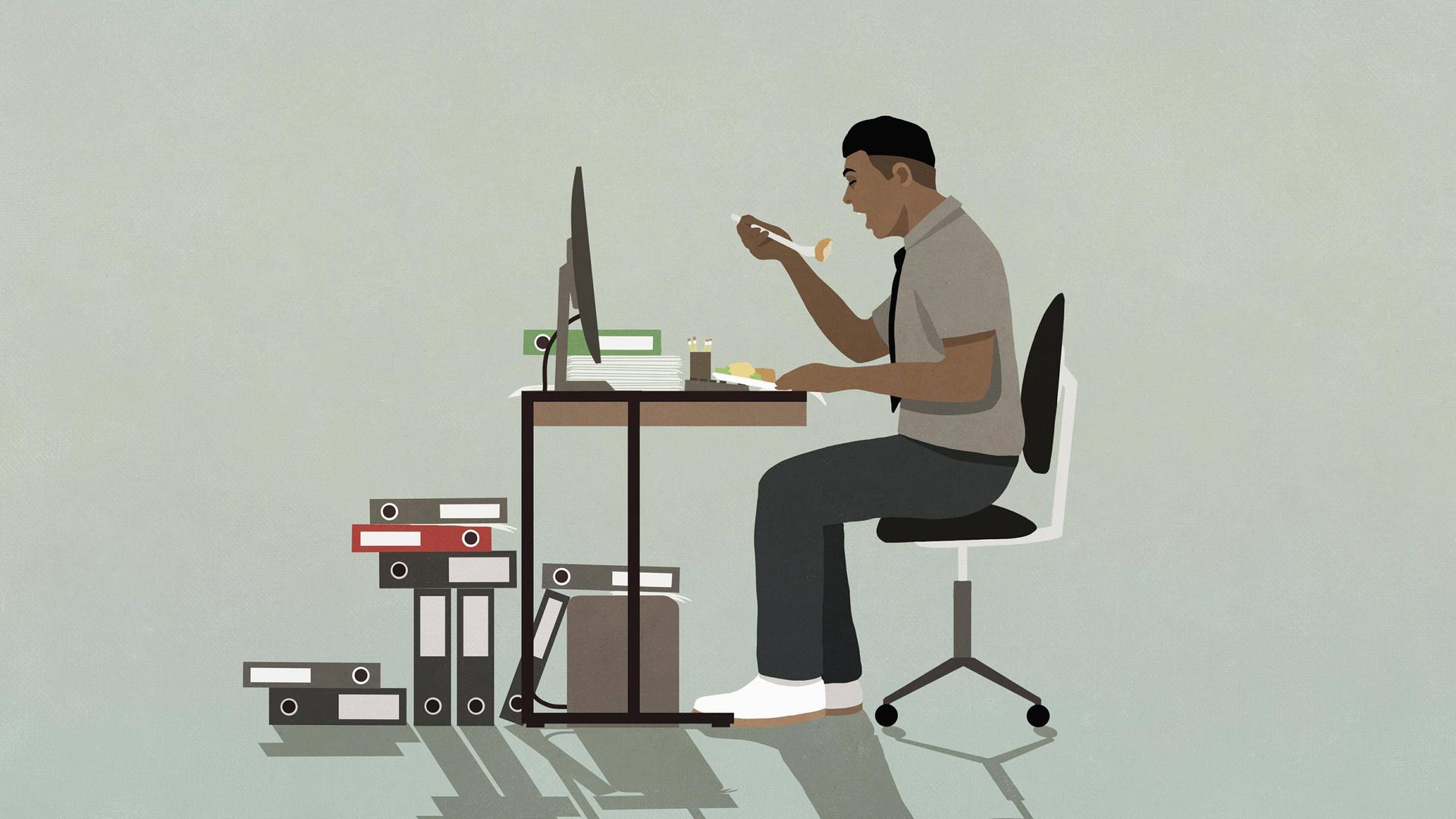 Illustration eines Mannes, der an seinem Home-Office-Arbeitsplatz isst.