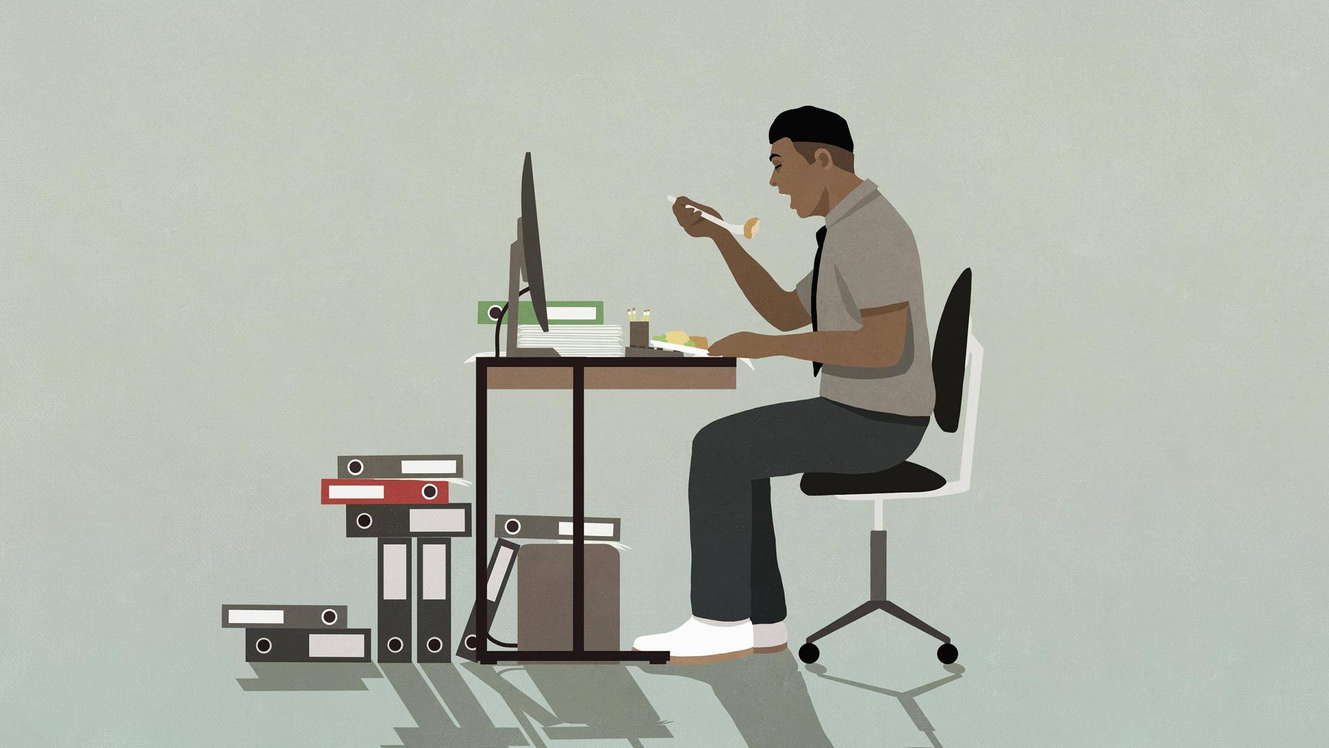 Illustration eines Mannes, der an seinem Home-Office-Arbeitsplatz isst. Illustration eines Mannes, der an seinem Home-Office-Arbeitsplatz isst.