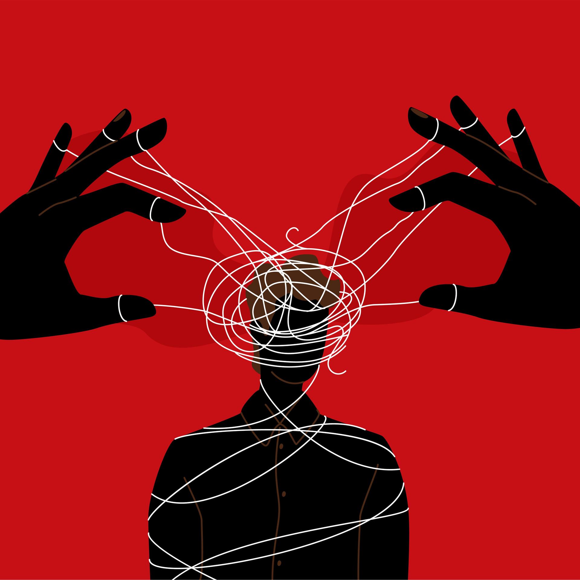 Illustration von Händen, die über viele verworrene Strippen die Silhouette eines Mannes kontrollieren.