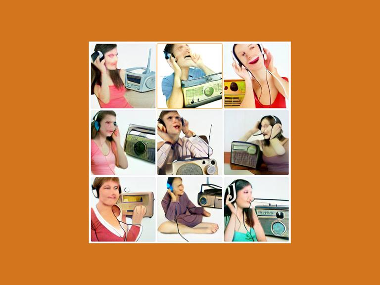 DALL·E Ergebnis nach Eingabe von "listening to the radio". Künstliche Personen mit Kopfhörern und Radios in einem Raster angeordnert auf orange farbigem Hintergrund.