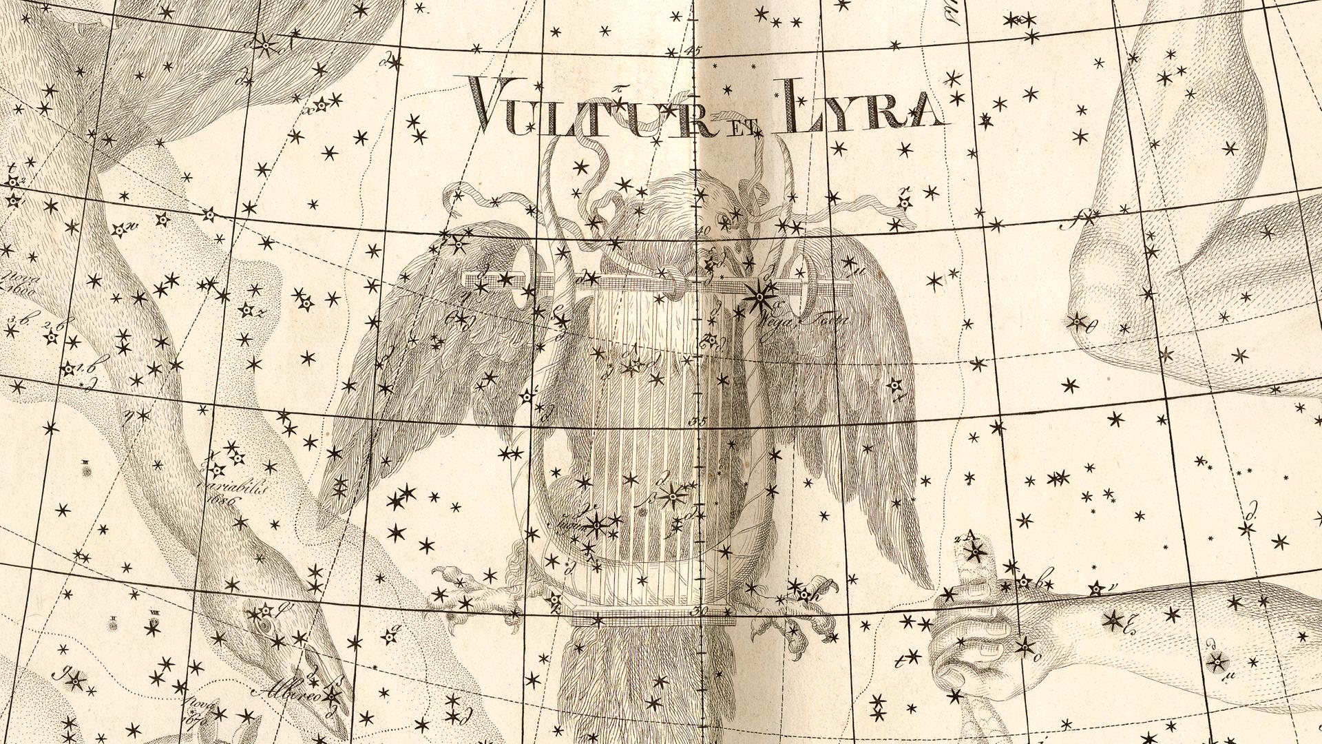 Darstellung des Sternbilds Leier im berühmten Atlas Uranographia 1801, Darstellung des Sternbilds Leier im berühmten Atlas Uranographia 1801,