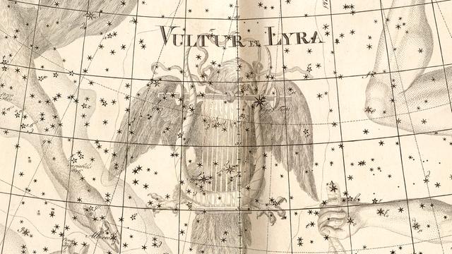 Darstellung des Sternbilds Leier im berühmten Atlas Uranographia 1801, 