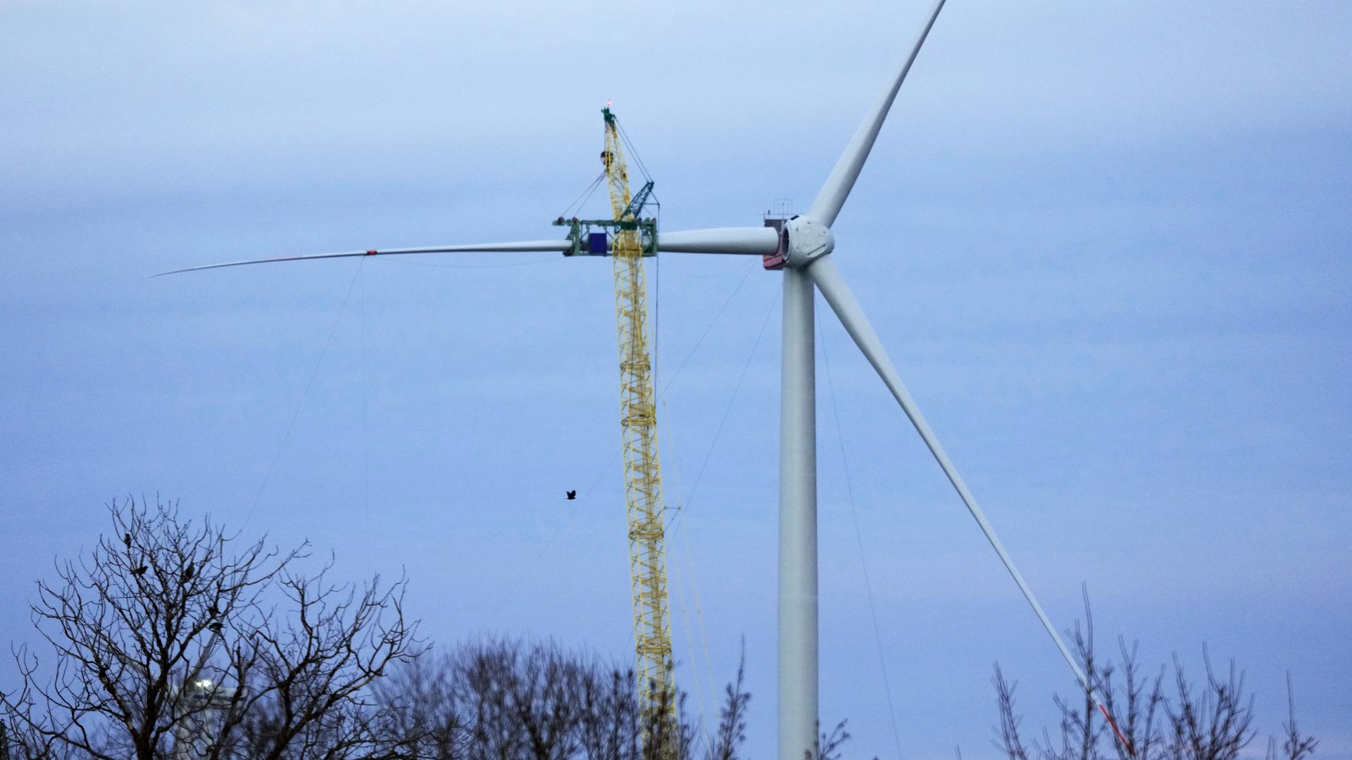 Ein Kran hebt ein Rotorblatt für eine neue Windenergieanlage des deutschen Herstellers Nordex nach oben. Zwei Rotorblätter sind bereits an der Anlage. Ein Kran hebt ein Rotorblatt für eine neue Windenergieanlage des deutschen Herstellers Nordex nach oben. Zwei Rotorblätter sind bereits an der Anlage.
