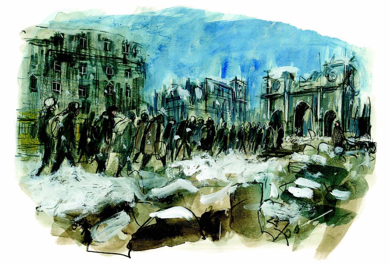In der Illustration aus "Tagebuch eines Zwangsarbeiters" sind schemenhaft Menschen zu sehen, die durch die Ruinen einer Stadt laufen.