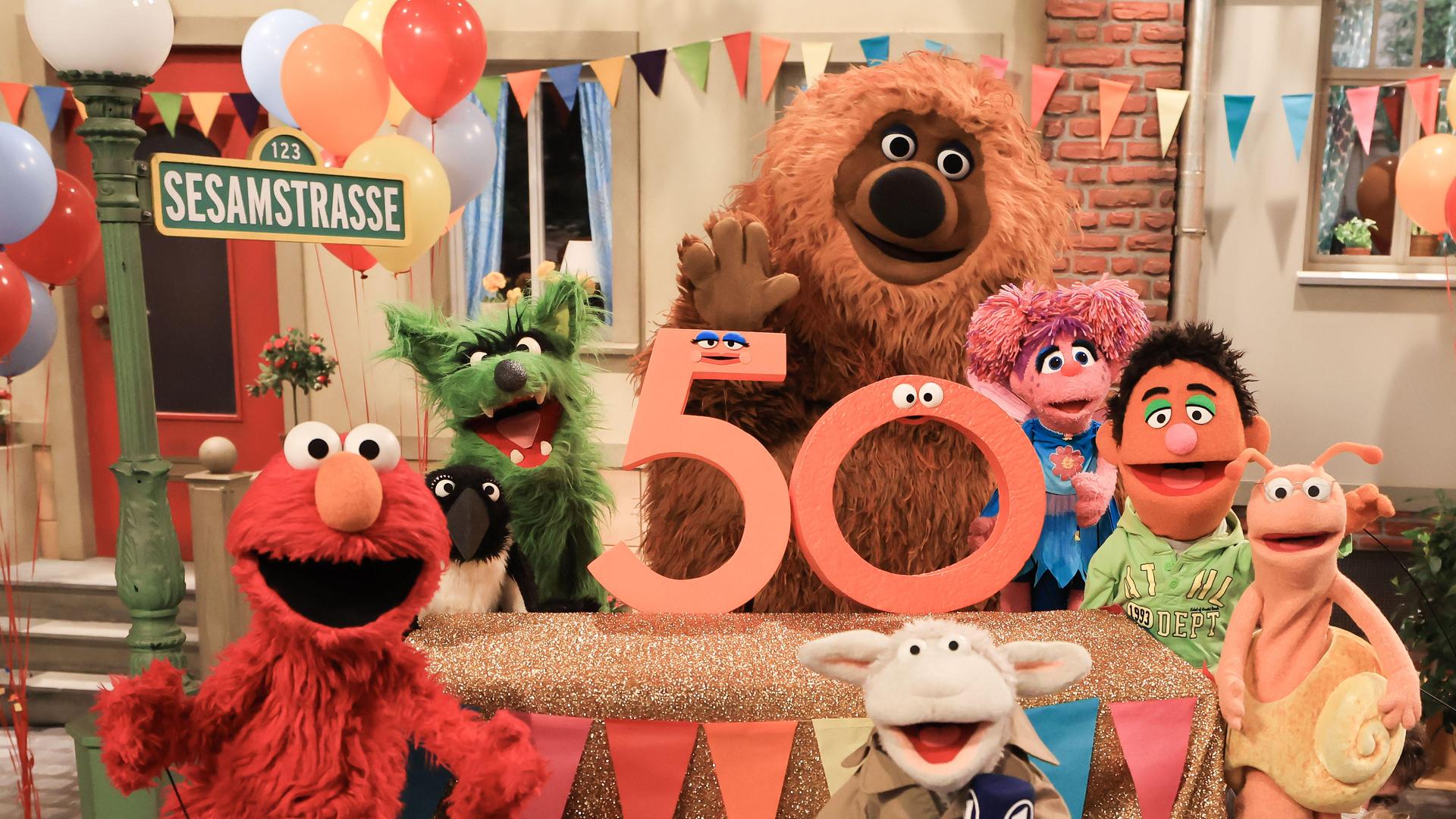 Figuren der Sesamstraße und ihre Puppenspieler feiern den 50. Geburtstag ihrer TV-Sendung. 