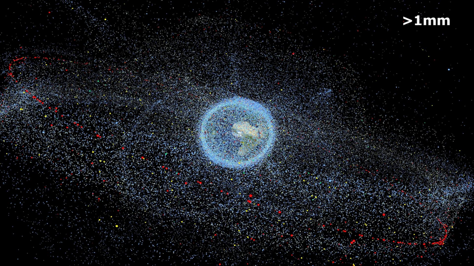 Weltraumschrott kreist in einer Darstellung um die Erde. 