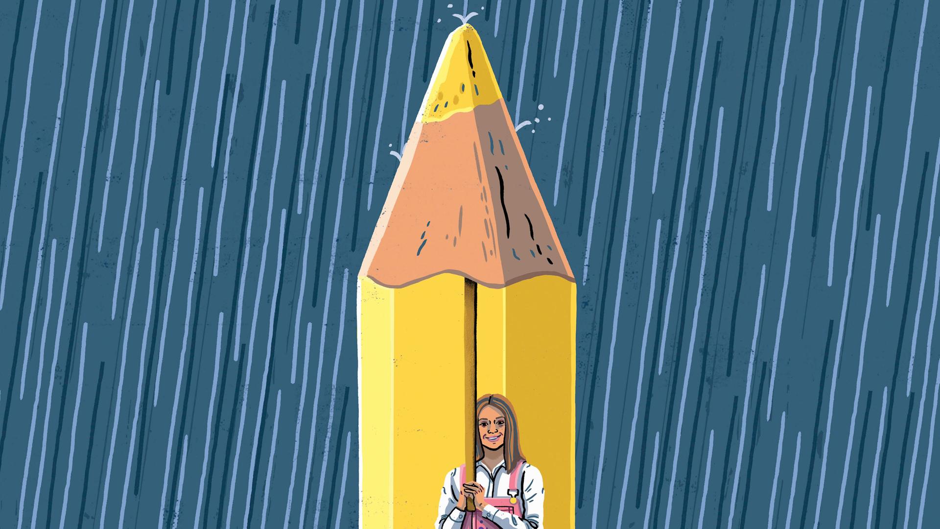 Illustration: Eine Malerin schützt sich unter einem großen Schirm in Form eines Bleistifts vor starkem Regen. Illustration: Eine Malerin schützt sich unter einem großen Schirm in Form eines Bleistifts vor starkem Regen.