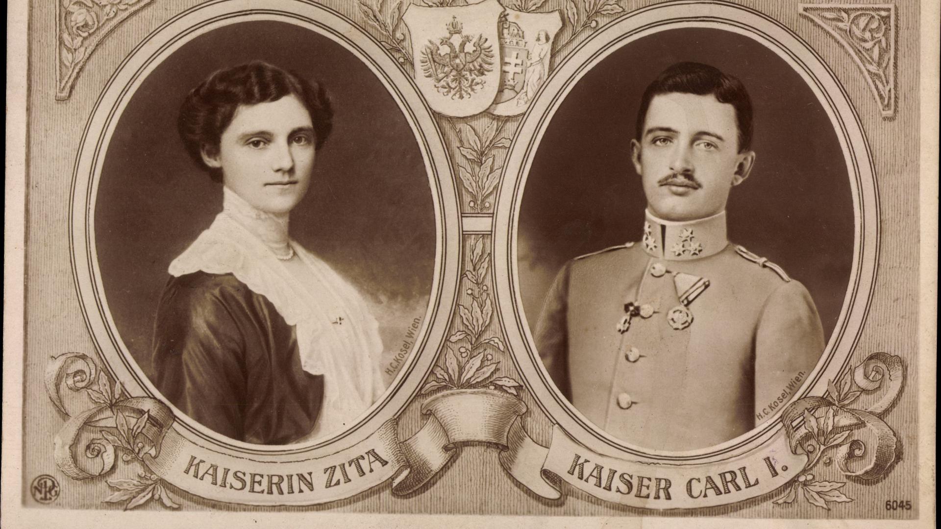 Zita von Bourbon Parma und Carl I. von Österreich auf einer historischen Postkarte um 1934 Zita von Bourbon Parma und Carl I. von Österreich auf einer historischen Postkarte um 1934