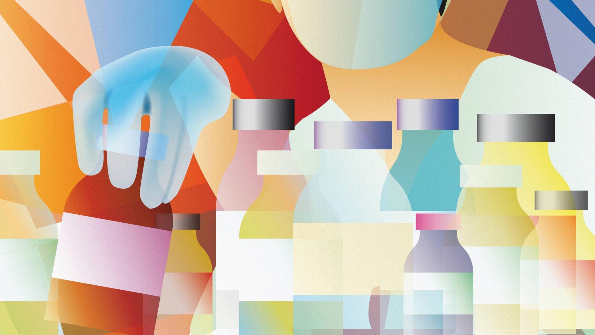Illustration: Eine Apothekerin mit vielen farbigen Arzneiflaschen im Regal, sie greift nach einem Medikament. Illustration: Eine Apothekerin mit vielen farbigen Arzneiflaschen im Regal, sie greift nach einem Medikament.