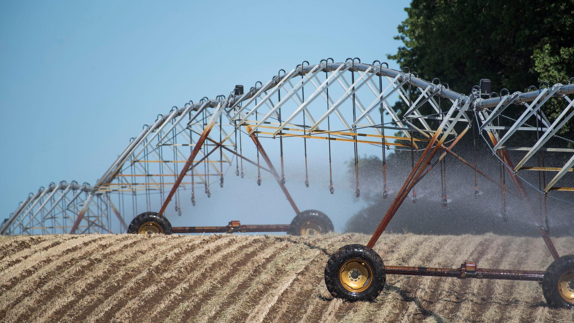 Eine mobile Beregnungsanlage bewässert ein Feld bei Krakow am See in Mecklenburg-Vorpommern. Eine mobile Beregnungsanlage bewässert ein Feld bei Krakow am See in Mecklenburg-Vorpommern.