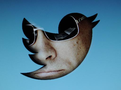 Ein Porträt von Wladimir Putin mit Sonnenbrille, das in den Umriss des Twitter-Logos eingefügt ist.