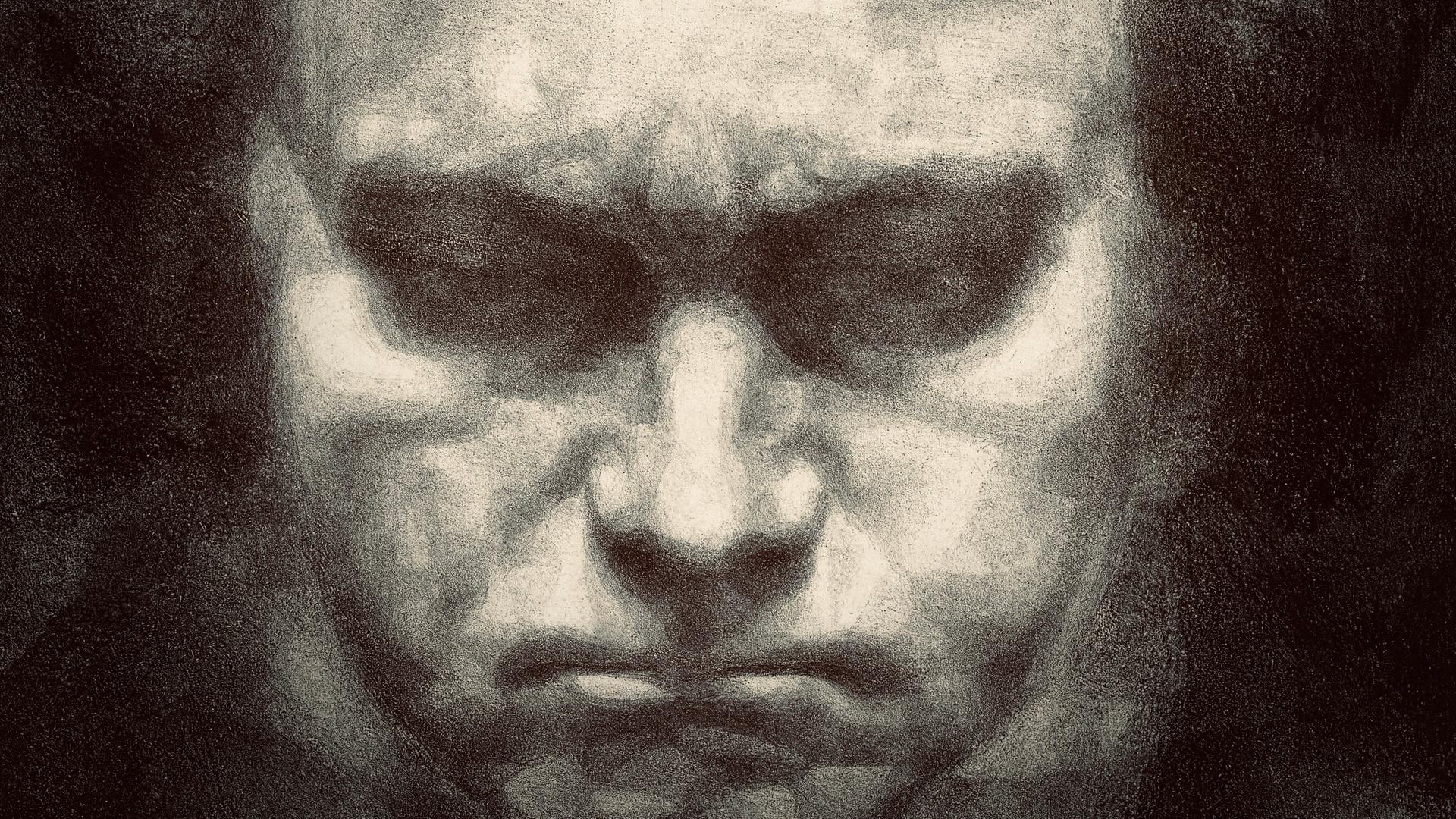 Porträtzeichnung Ludwig van Beethovens  nach Jan Fekkes, wie er finster nach unten schaut.