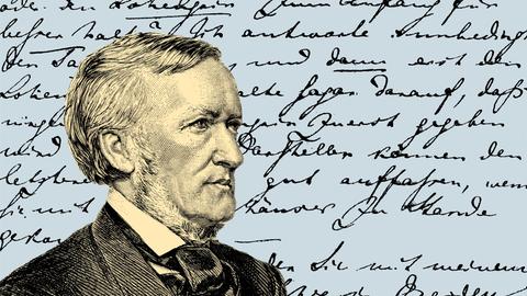 Eine Collage zeigt ein Portrait von Richard Wagner vor einem handschriftlichen Dokument