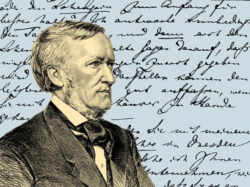 Gezeichnetes Porträt von Richard Wagner vor einem handschriftlichen Dokument.
