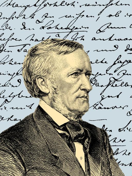 Gezeichnetes Porträt von Richard Wagner vor einem handschriftlichen Dokument.