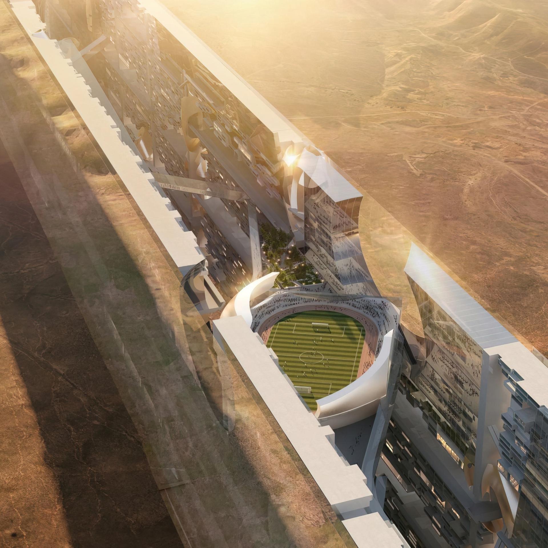 Planungsansicht der "Mirror Line", eines 120 Kilometer langen horizontalen Wolkenkratzers in Neom, im Norden Saudi-Arabiens. Das Projekt besteht aus zwei parallelen Strukturen, die Berge und Wüste durchqueren, mit Straßen und Gebäuden und einem Stadion. 