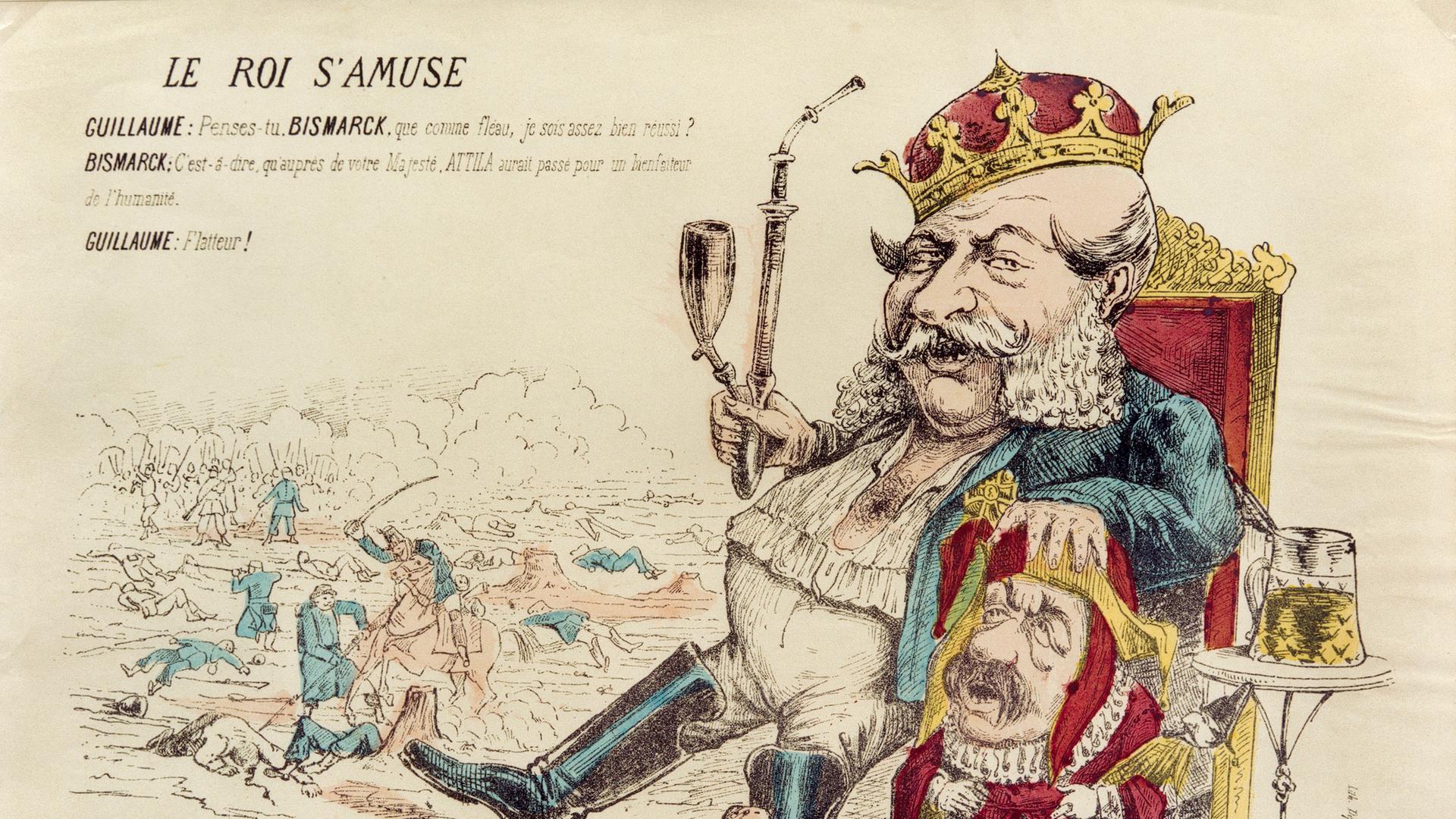  Le roi s’amuse", "Der König amüsiert sich": Der preußische König Wilhelm I. und Otto von Bismarck - auf einer französischen Karikatur von 1870