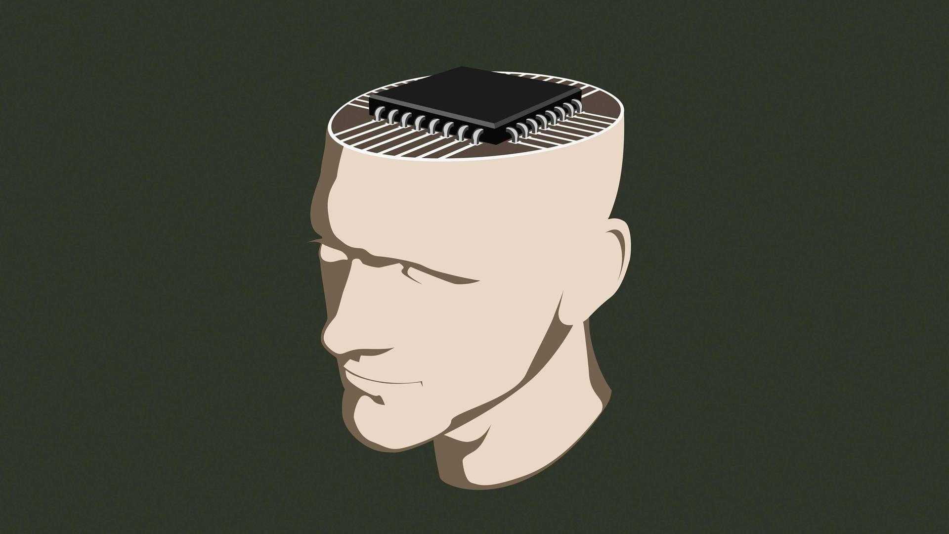 Illustration: Ein Mann mit einem Computerchip in seinem Kopf.