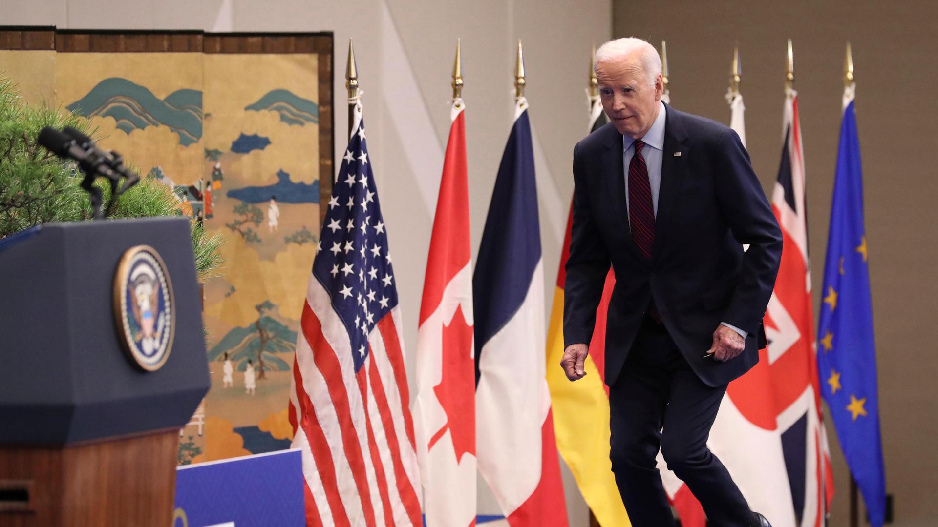 U.S. President Joe Biden speaks at a news conference after winding up a three-day G7 meeting in Hiroshima Prefecture on May 21, 2023. ( The Yomiuri Shimbun via AP Images )
