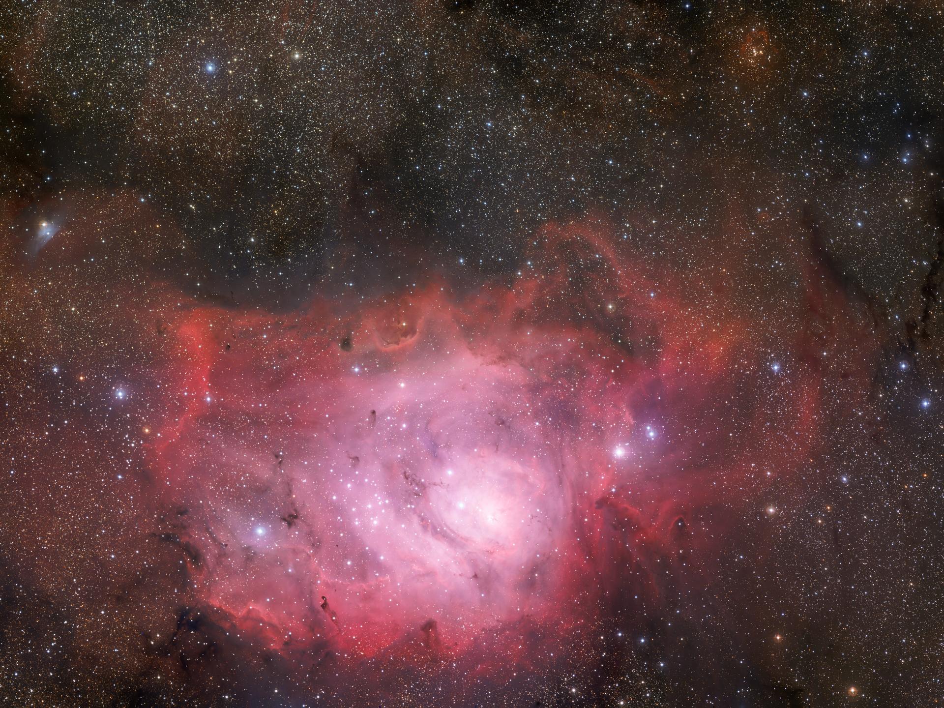 .Ansicht des Lagunennebels, aufgenommen mit dem 67-Millionen-Pixel-Weitwinkel-Imager des 2,2-Meter-Teleskops MPG/ESO am La Silla-Observatorium in Chile.