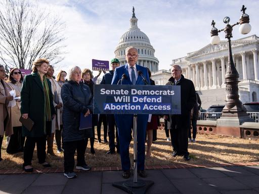 Der demokratische Senatsmehrheitsführer Chuck Schumer steht in einer Gruppe Menschen hinter einem Rednerpult vor dem US Kongress. Vor ihm steht ein Schild: "Senate Democrats will defend abortion access."
