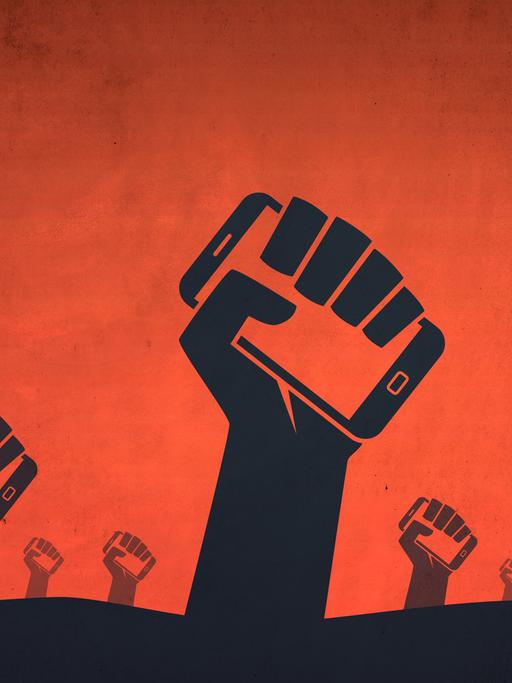 Illustration von Händen, die Smartphones vor rotem Hintergrund in die Höhe strecken.