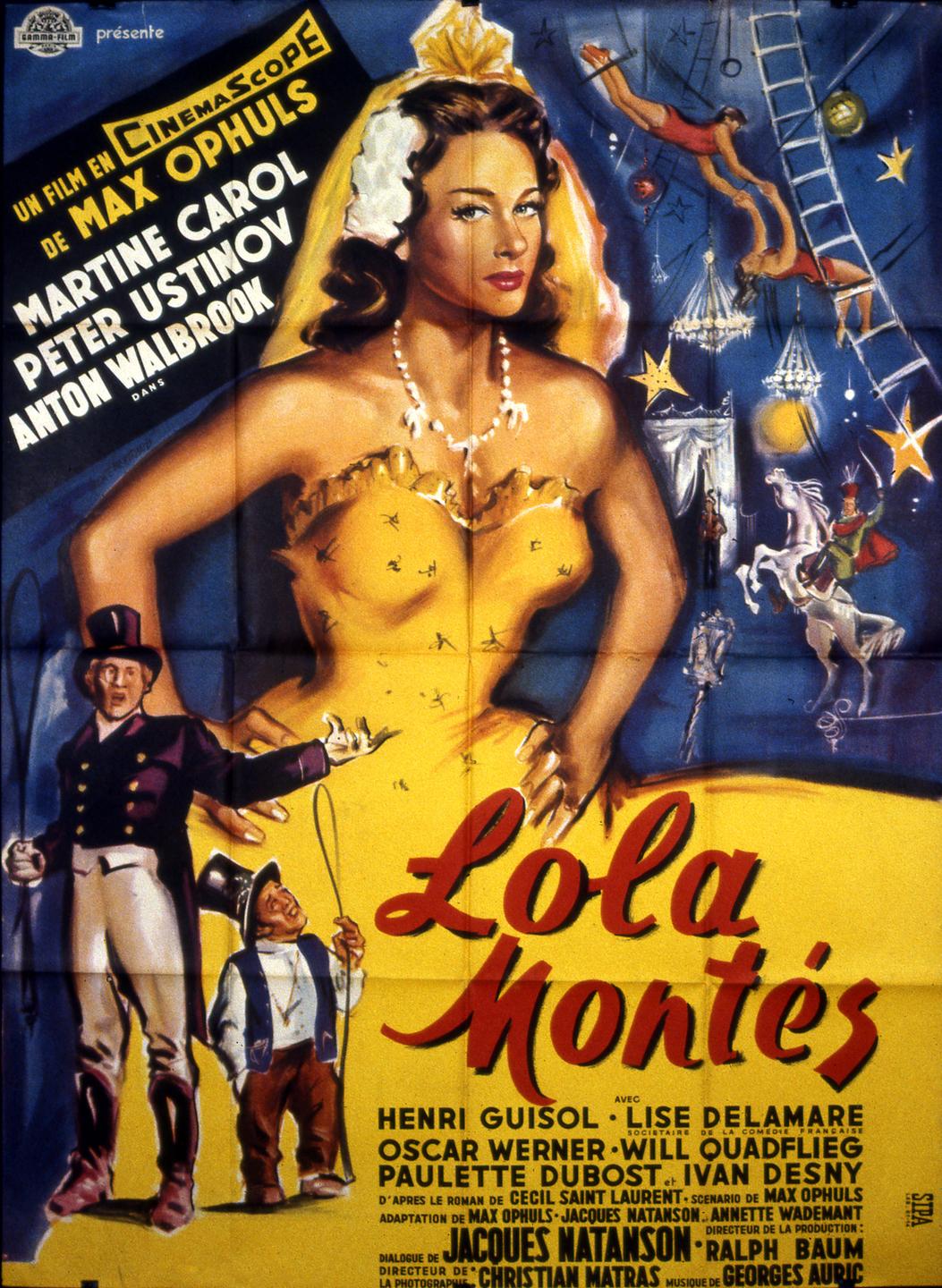 Historisches Filmplakat zu "Lola Montez" von Max Ophüls aus dem Jahr 1955. Es zeigt Martine Carol und Peter Ustinov.