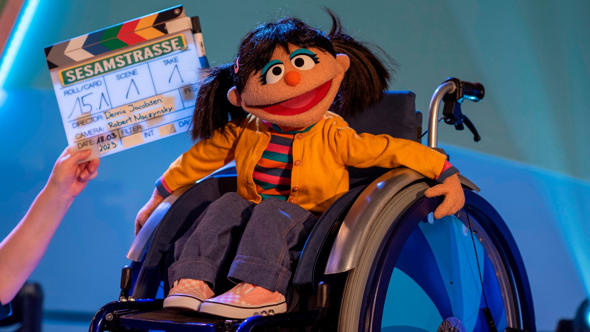 Eine Puppe aus der Sesamstraße, ein Mädchen mit Zöpfen, sitzt im Rollstuhl. 