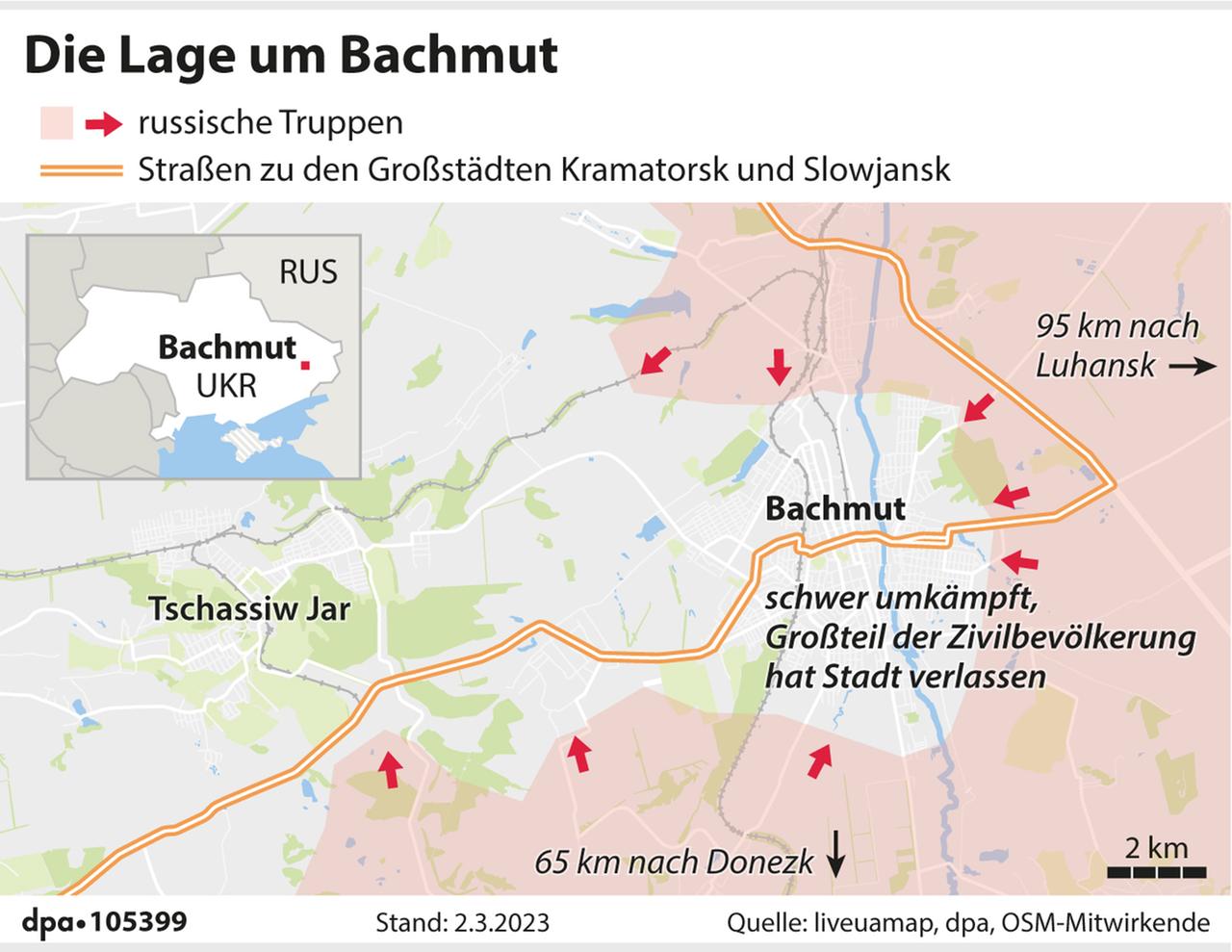 Das Bild zeigt eine Karte von der militärischen Lage in der ukranischen Stadt Bachmut. Das Bild zeigt eine Karte von der militärischen Lage in der ukranischen Stadt Bachmut.