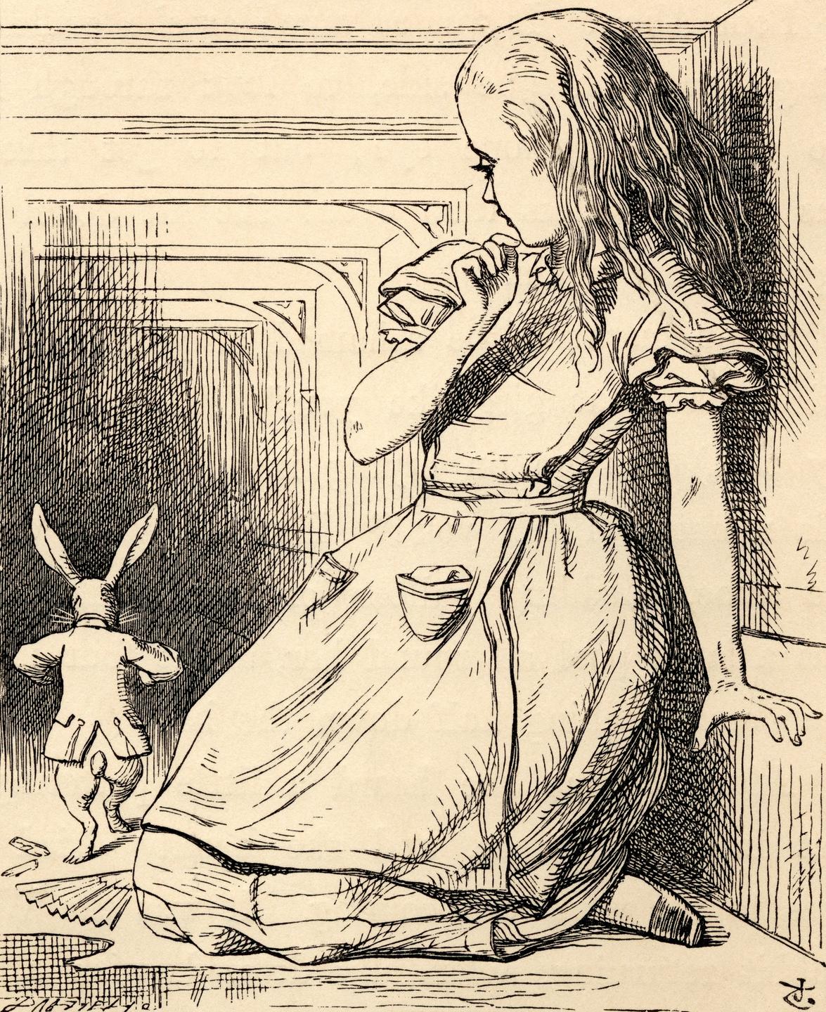 "Das weiße Kaninchen" in einer Illustration von John Tenniel aus dem Buch "Alices Adventures In Wonderland" von Lewis Carrol" aus dem Jahr 1891. "Das weiße Kaninchen" in einer Illustration von John Tenniel aus dem Buch "Alices Adventures In Wonderland" von Lewis Carrol" aus dem Jahr 1891.