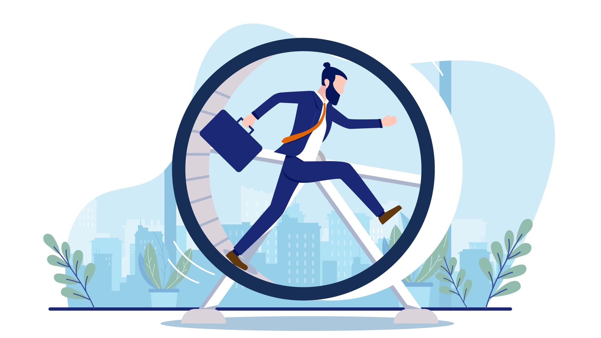 Illustration einer Person mit Anzug, die in einem Hamsterrad läuft. Illustration einer Person mit Anzug, die in einem Hamsterrad läuft.