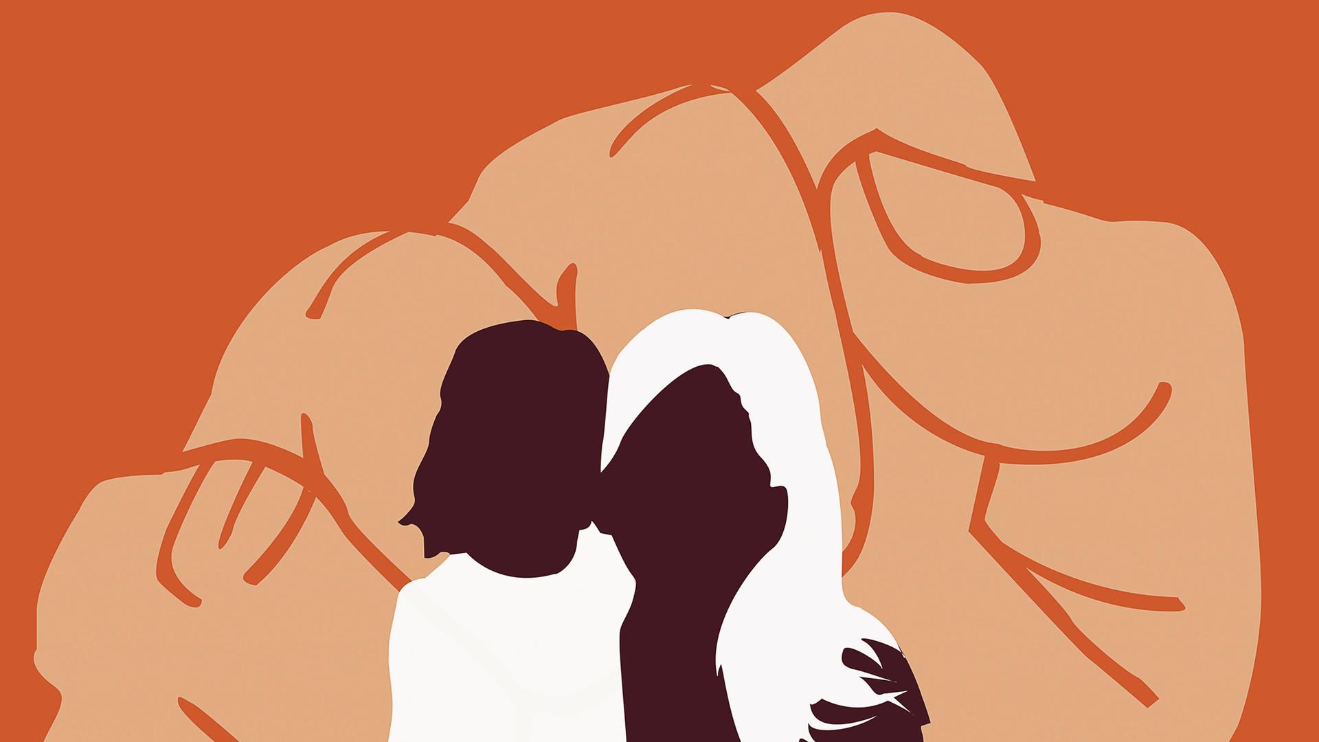 Illustration von einem Kind, einer Frau und einer Faust im Hintergrund Illustration von einem Kind, einer Frau und einer Faust im Hintergrund