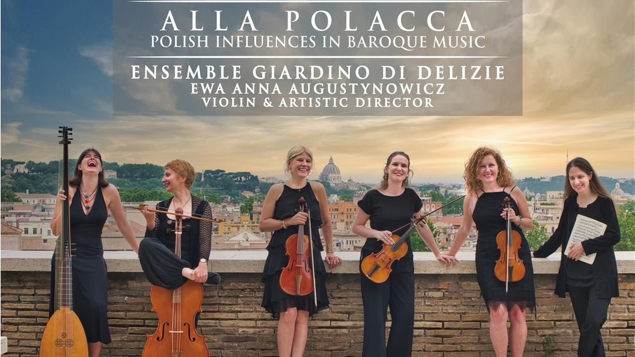Sechs Frauen in schwarzer Kleidung lehnen gegen eine hüfthohe Mauer. Jede hält ein Instrument in der Hand, eine Laute, ein Cello, eine Violine, ... Hinter ihnen ist eine Stadt zu erkennen. Sechs Frauen in schwarzer Kleidung lehnen gegen eine hüfthohe Mauer. Jede hält ein Instrument in der Hand, eine Laute, ein Cello, eine Violine, ... Hinter ihnen ist eine Stadt zu erkennen.