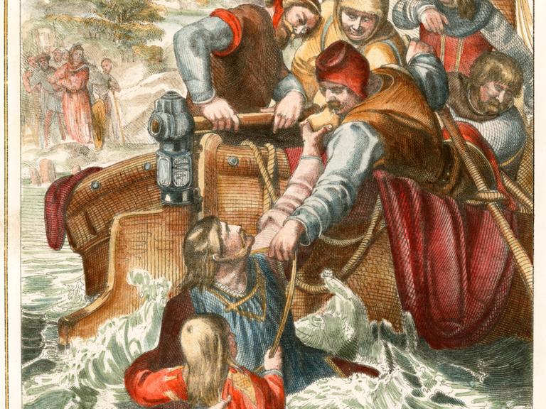 Ein Ausschnitt aus dem Bild 'Die Entführung des jungen Königs Heinrich': Auf dem Bild wird der König von Eckbert von Braunschweig aus dem Rhein gerettet.