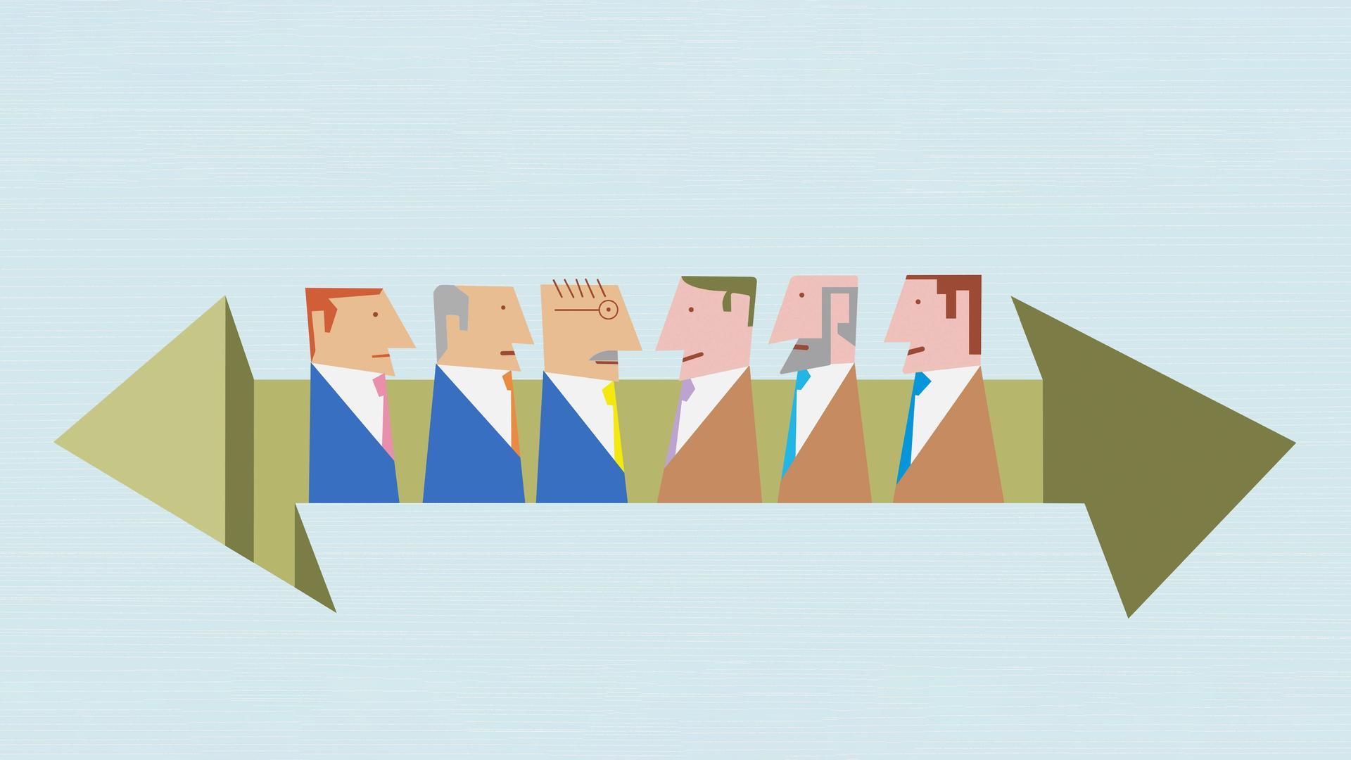 Illustration: Männer in einem Pfeil, der nach Links und nach Rechts zeigt, schauen sich an. Illustration: Männer in einem Pfeil, der nach Links und nach Rechts zeigt, schauen sich an.