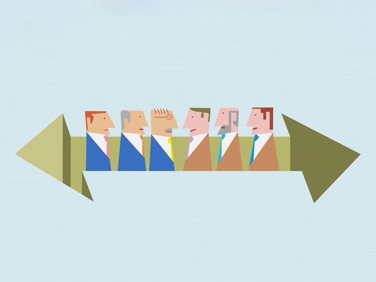 Illustration: Männer in einem Pfeil, der nach Links und nach Rechts zeigt, schauen sich an.