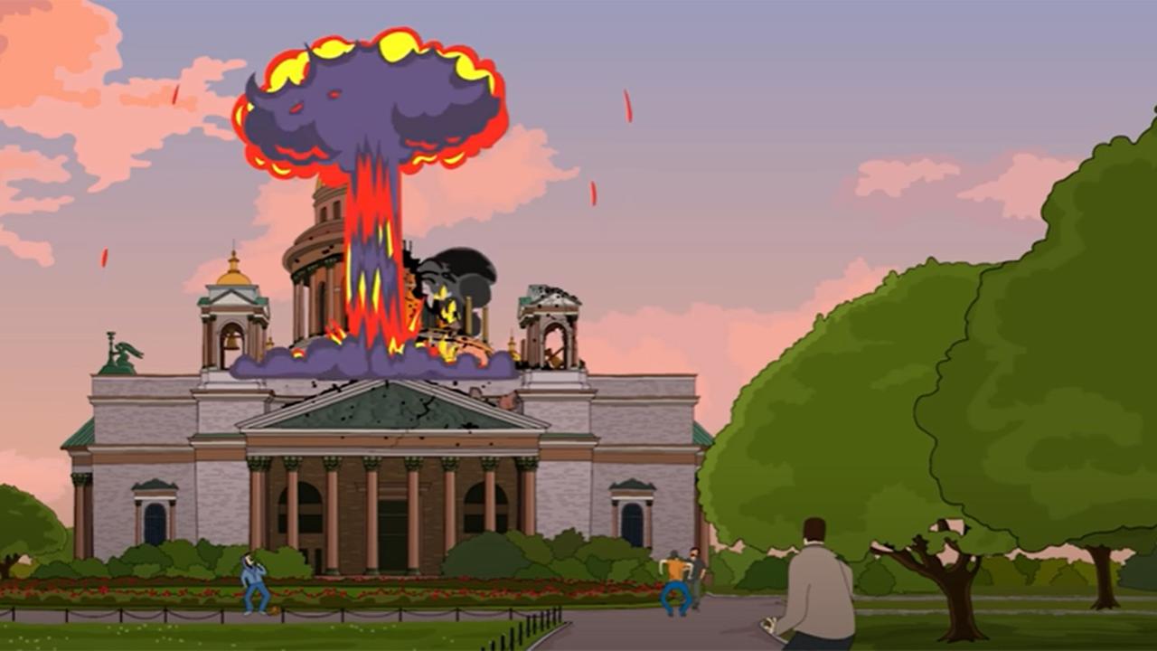 Der Screenshot aus dem Youtube-Video aus der Zeichentrickserie "Massjanja" zeigt die Isaakskathedrale in St. Petersburg, in die gerade eine Rakete eingeschlagen ist. 