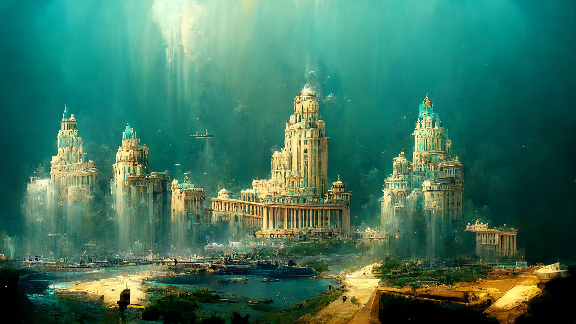 Malerische Illustration vom Mythos der untergegangenen Stadt Atlantis. Malerische Illustration vom Mythos der untergegangenen Stadt Atlantis.