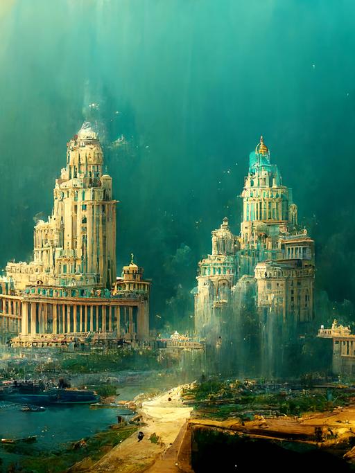 Malerische Illustration vom Mythos der untergegangenen Stadt Atlantis.